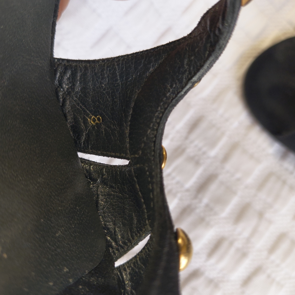 Stuart Weitzman Black Suede Gold-Stud T-Strap Heels - Picture 7 of 7